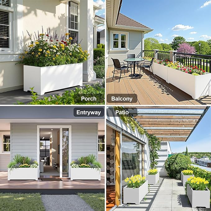 Metal Planter Box 36"L x 15"W x 15"H, Large Outdoor Rectangle Planters with 6 Drainage Holes & Raised Bottom, All-Weather Garden Planter Box for Patio, Lawn, Commercial & Residential, White