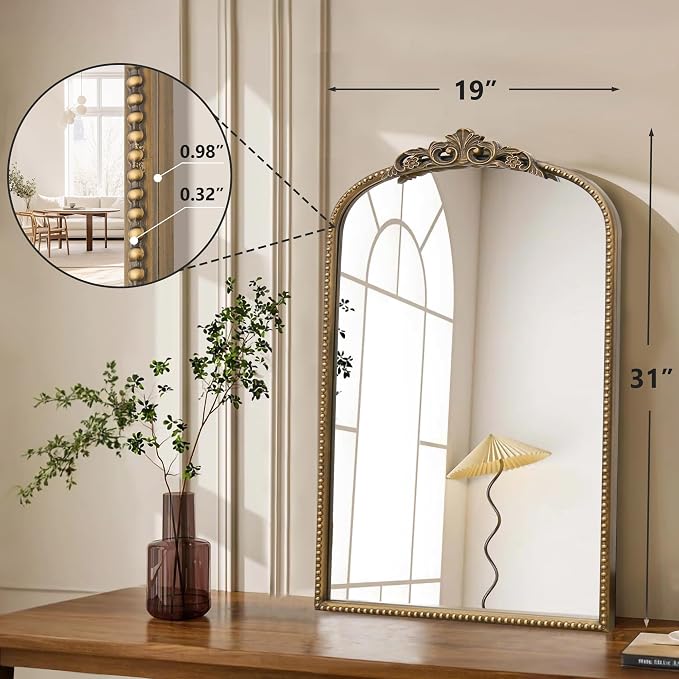 Micasso Vintage Wall Gold Mirror: 31"x 19" French Baroque Antique Mirror - Traditional Ornate Decorative Arched for Wall/Bathroom/Entryway/Fireplace/Hallway - Home Decor for Living Room