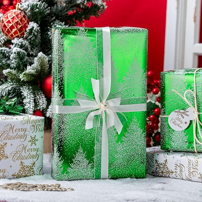 MAYPLUSS Christmas Wrapping Paper Roll, 17 Inch X 16.5 Feet Gift Wrapping Paper Featuring Green Christmas Tree Reversible Snowflake, Thick Wrap Paper for Holiday Party New Year Kids