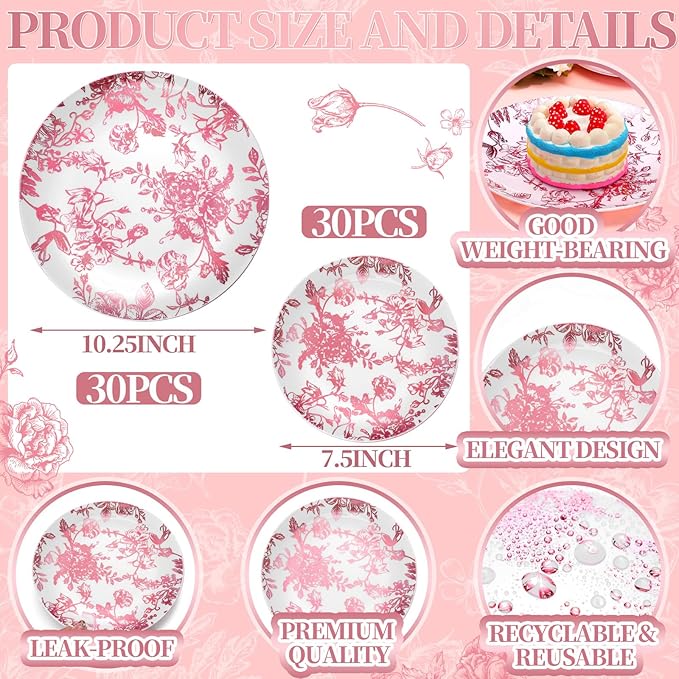 Suclain 60 Pcs Pink Plastic Floral Plates Disposable Heavy Duty White with Pink Floral 9" Dinner Plate and 7" Dessert Plate, Disposable Plastic Plates for Party Birthday Bridal Shower