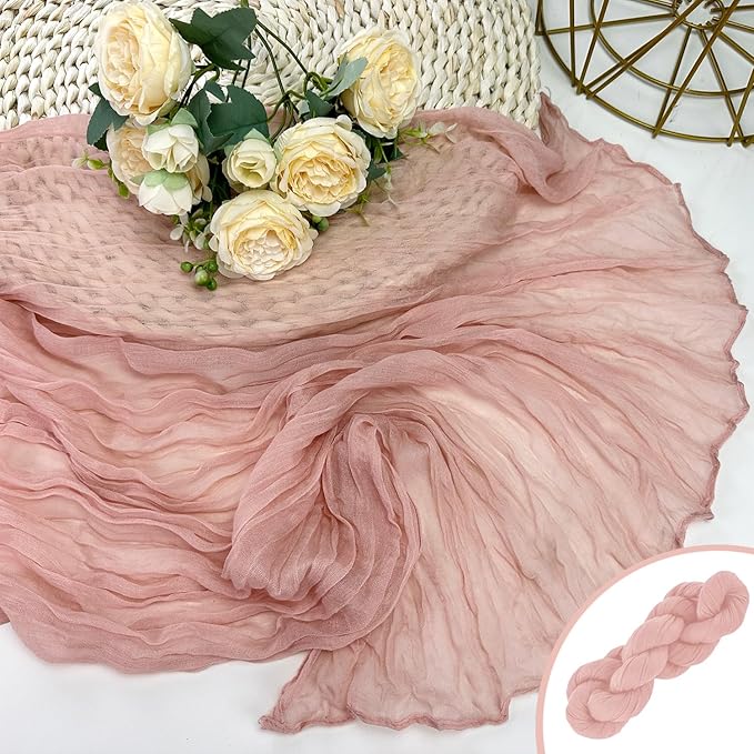 Booque Valley Dusty Pink Cheesecloth Table Runner 10ft Super Soft Boho Wrinkled Gauze Sheer Cloth for Baby Shower Baptism Birthday Party Wedding Centerpiece Table Decoration, 35x120 Inch