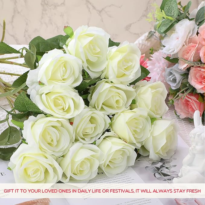Jexine 50 Pcs Artificial Rose Flower Bulk Realistic Silk Fake Roses with Long Stem Plastic Artificial Flower Bouquet Real Looking for Home Wedding Centerpieces Party Decoration(White)