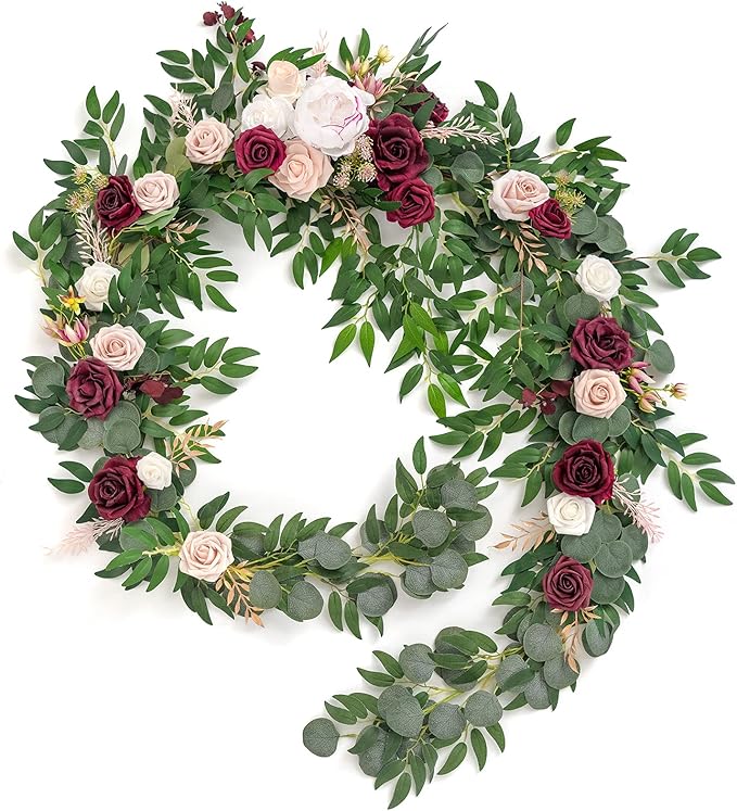Ling's moment 9FT Spring Flower Garland - Wedding Arch Flowers, Eucalyptus & Rose, Artificial Floral Garland for Mantle - Sweetheart Table Decor for Reception, Backdrop Decorations, Marsala