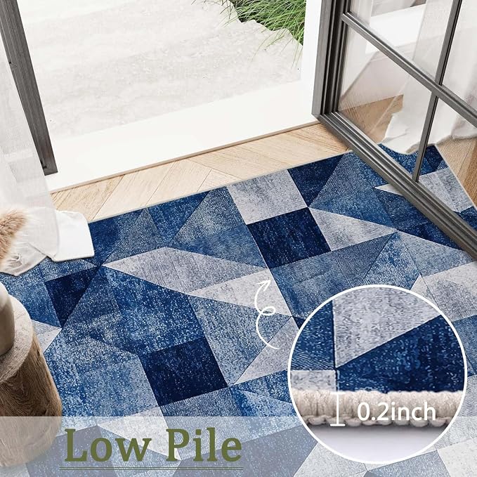 6x9 Navy Blue Area Rug Modern Geometric Blue White Beige Bedroom Rug Soft Low Pile Thin Large Carpet Living Room Non Slip Dining Room Stain Resistant Office Washable Machine