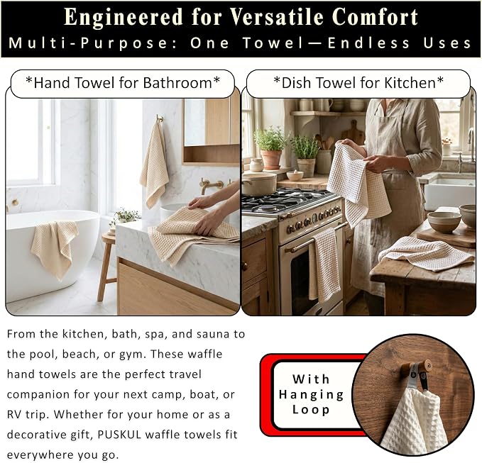 PÜSKÜL Organic Waffle Kitchen Towel Pure 100% Turkish Cotton Set of 3 Natural Raw-Undyed Towel - Premium Quality Soft Quick-Dry Absorbent Lint-Free Hand & Dish Towels Large 32X16 (3, Natural Beige)