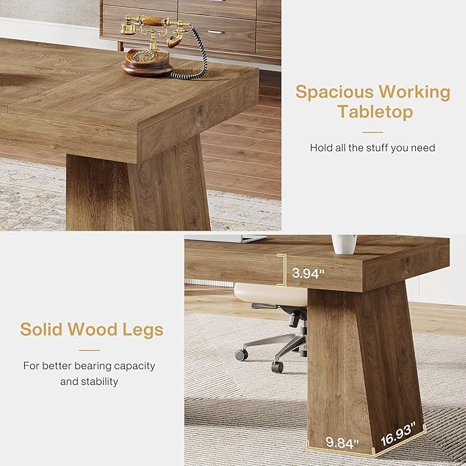 Tribesigns 55 Inches Executive Desk, Mid-Century Modern Home Office Desk, Wood Computer Table Business Workstation Small Conference Table, Light Brown