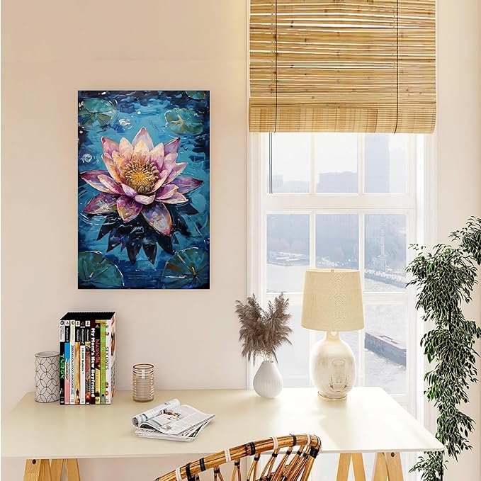 Gorgeous pink and purple water lilies on deep blue water Eye-catching oil painting Serene aquatic wall art for modern home decor 20x30in Frameless