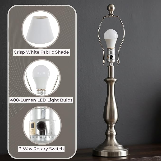 Brushed Steel Table Lamps - Set of 2 Traditional Accent Lights with LED Bulbs - Home Décor for Bedroom, Living Room, Office, or Entry by Lavish Home