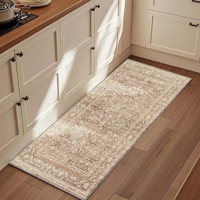 OPPODREAM Vintage Beige 2x6 Runner Rug, 2 x 6 Retro Washable Rug Non Slip, Low-Pile Faux Wool Carpet, Distressed Tan Floor Mat for Kitchen, Hallway, Entry-Way, Entrance, Indoor Back Door