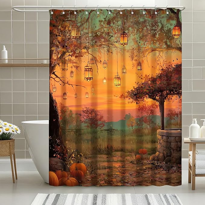 Fall Pumpkins Shower Curtain Autumn Thanksgiving Tree Shower Curtains for Bathroom Waterproof Fabric Bath Curtain Decor with Hooks