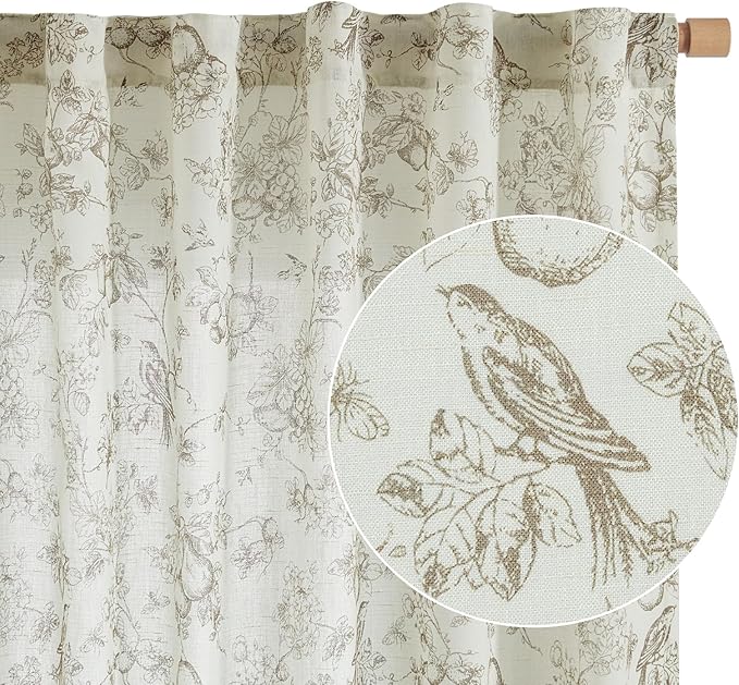 jinchan Linen Floral Curtains for Living Room 63 Inch Length Taupe Printed Flower French Country Curtain Farmhouse Cottage Core Toile Curtains Back Tab Light Filtering Window Drapes Set 2 Panels