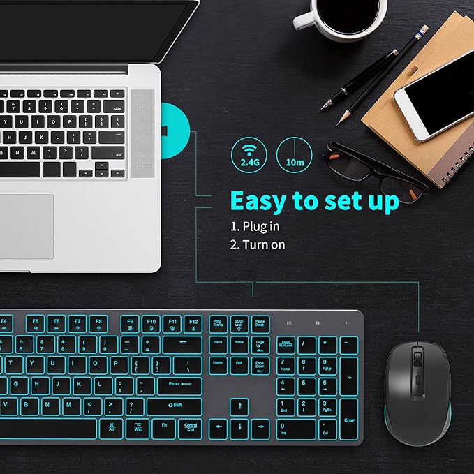 Backlit Wireless Keyboard and Mouse Combo, Rechargeable Quiet 2.4G Cordless USB Slim Full Size for Apple iMac, MacBook, laptop and PC, Space Gray
