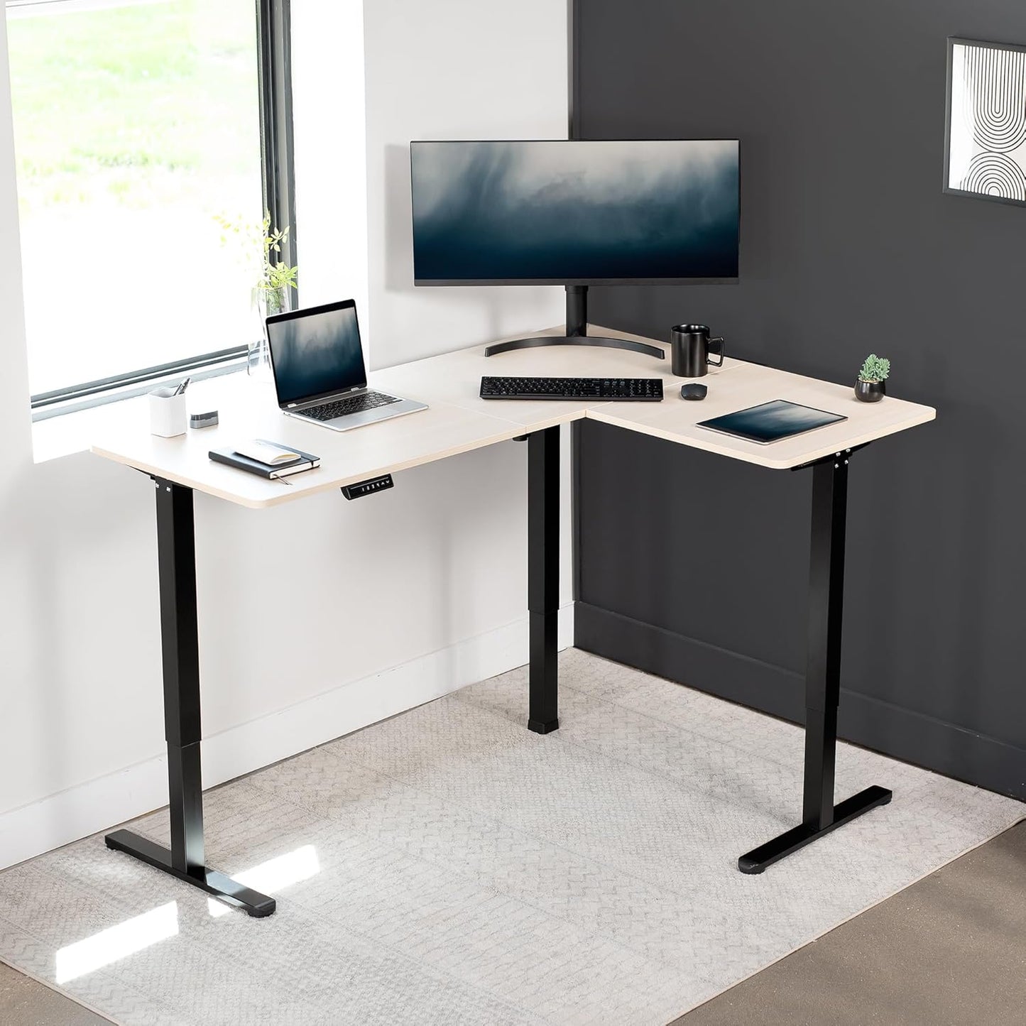 VIVO L-Shaped Corner Standing Desk - 63 x 47 Inch Electric Height Adjustable Workstation | Light Wood & Black Frame