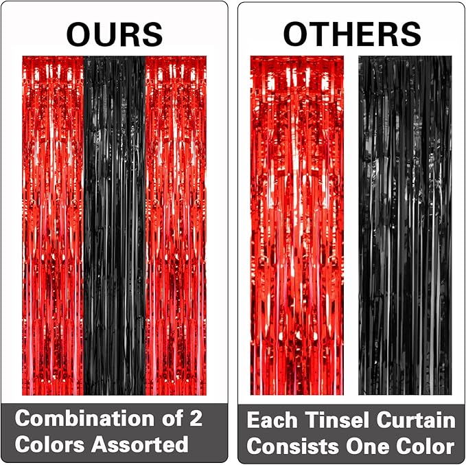 2 Pack 3.2x8.2 Feet Black and Red Foil Fringe Curtains Party Decorations, Tinsel Curtain Backdrop Streamers for Birthday Graduation Fiesta Stranger Theme Halloween Christmas Party Supplies