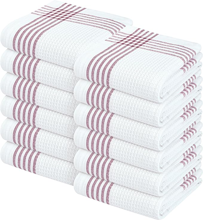 Waffle White & Burgundy Wine Dish Towels Set of 12, 100% Cotton, 16x26 inches, Reusable Cleaning Cloths for Drying Dishes, Quick Dry Kitchen Towel, Durable for Heavy-Duty Use