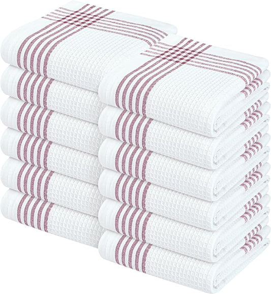 Waffle White & Burgundy Wine Dish Towels Set of 12, 100% Cotton, 16x26 inches, Reusable Cleaning Cloths for Drying Dishes, Quick Dry Kitchen Towel, Durable for Heavy-Duty Use