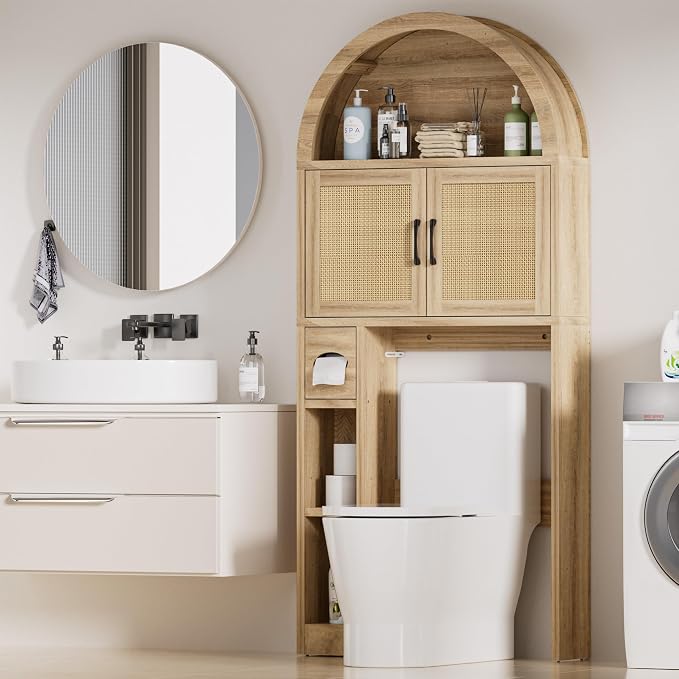Spurgehom Over The Toilet Storage Cabinet, Bathroom Shelf Organizer Freestanding, Bathroom Arch Cabinet Over Toilet with Toilet Paper Holder and Anti-Tipping Device (Wood & Wicker Door)