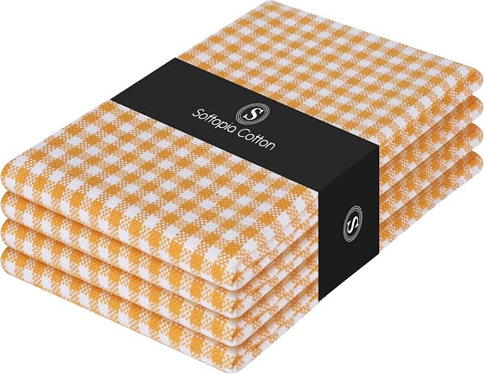 4 Pack Gingham Check Kitchen Dish Towels 16x26 Inches, Absorbent & Durable, Washable, Hand Tea Towels with Hanging Loop - Ideal for Restaurants & Home Kitchens, Yellow White