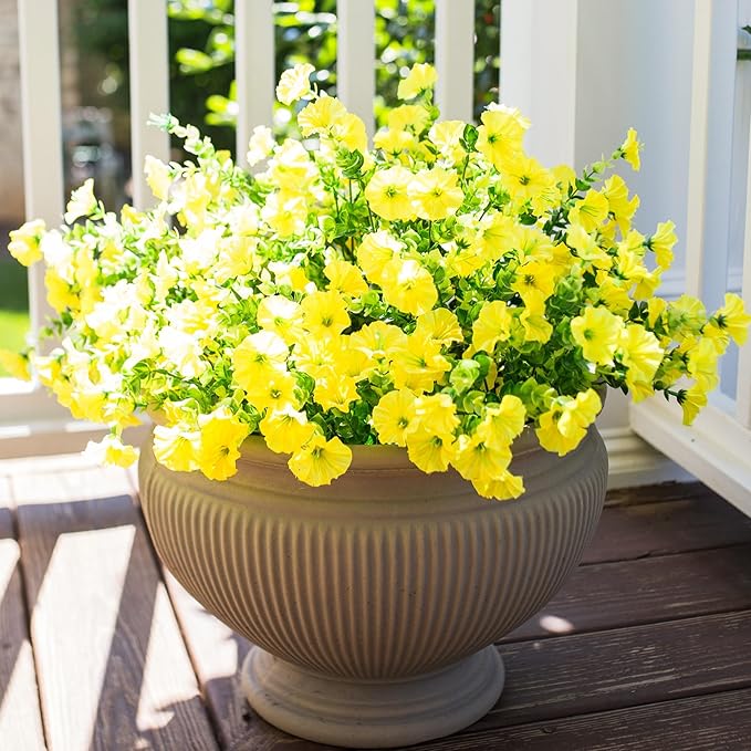 Artificial Flowers for Outdoors Fake Flowers Plants for Spring Summer Decor, 12 Bundles Silk Morning Glory with Eucalyptus Look Real UV Resistant Yellow Faux Flowers for Outside Planters Yard Patio