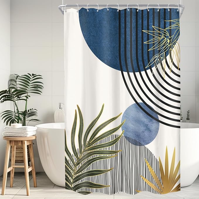 KOMLLEX Mid Century Blue Green Boho Shower Curtain for Bathroom Decor 54Wx78H Inches Abstract Modern Minimalist Chic Plants Arch Curve Leaves Sun Fabric Waterproof Polyester 12 Pack Hooks Pack Hooks