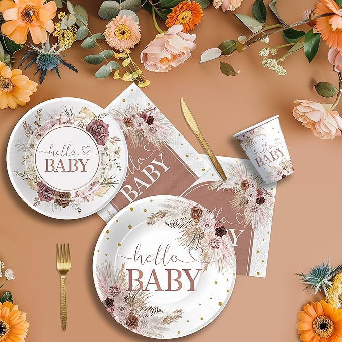 Boho Baby Shower Decorations Party Tableware - Boho Floral Pampas Grass Baby Girl Decorations, Paper Plate, Napkin, Cup, Disposable Cutlery | 24 Guests