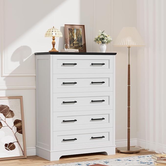YESHOMY Tall Dresser for Bedroom, Farmhouse 5 Drawers Dresser, Chest of Drawer Chest, Multi-Tier Clothing Storage Cabinet, White and Black
