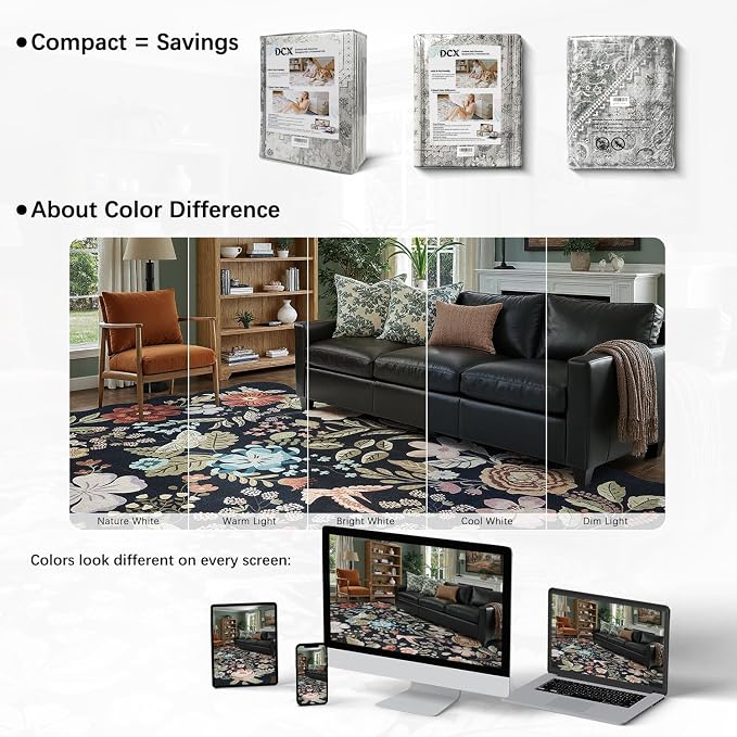 DCX Black Floral Rug 5x7, Washable Black Rug for Living Room, Kid & Pet Friendly with Rubber Back Non Slip, Soft Low Pile Carpet, Stain Resistant Rug for Bedroom, Nursery, Dining Room