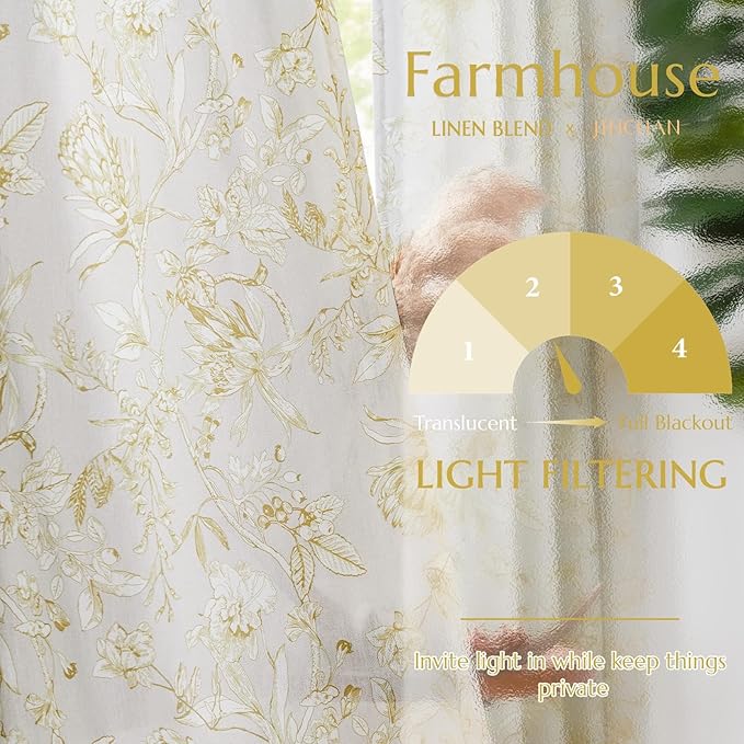 jinchan Floral Curtains 63 Inch Length Mustard Yellow Flower Linen Farmhouse Curtain for Living Room French Country Vintage Curtain Rod Pocket Curtains Set 2 Panels Floral Printed
