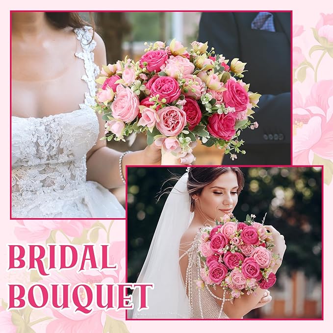 8 Pack Pink, Hot Pink Peonies Artificial Flowers, Fake Silk Hydrangea Bouquet for Bridal Wedding Home Table Decor Reusable Dining Opening Ceremony Birthday Arrangement Faux Floral