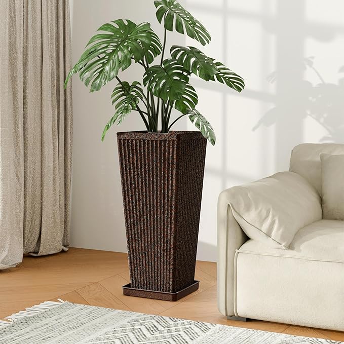 Square Tall Planters for Outdoor Plants Set of 2-23.6" Heavy-Duty Classic Tapered Indoor Flower Pots with Drainage Holes/Partition/Tray, Large Outdoor Planters for Porch Patio Garden, Brown