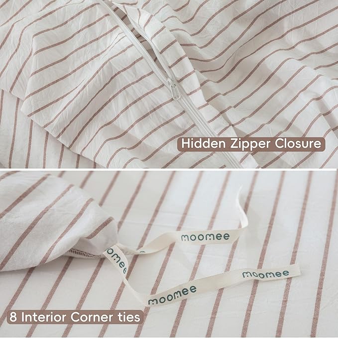 MooMee Striped Duvet Cover Set 100% Washed Cotton Linen Like Textured Breathable Durable Soft Comfy (White Orange Wide Stripes, Palatial King/Oversized King 120"x98")