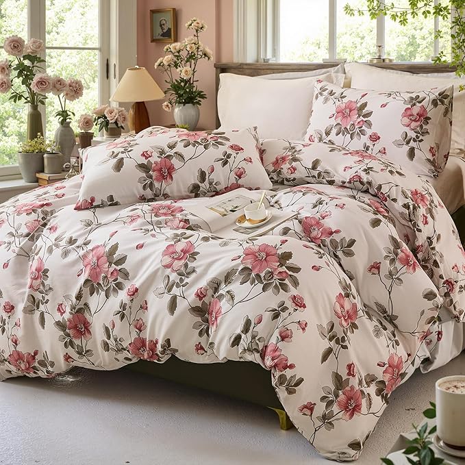 Bedding_Dreamer Floral Comforter Set 100% Cotton Comforter Sets Queen 3pcs Vintage Boho Floral Bedding Ultra Fluffy Soft Reversible Lightweight All Seasons Bedding Set Cottagecore Botanical Comforters