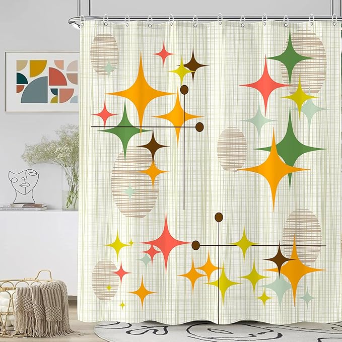 Long Mid Century Modern Shower Curtain Retro Stars Shower Curtains for Bathroom Abstract Vintage Boho Art Waterproof Fabric Bath Curtain Decor (Yellow1, 72'' x 78'')