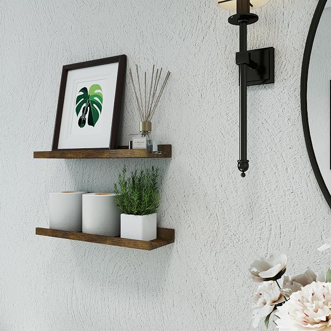 Floating Shelves for Wall Decor, Wall Mounted Wood Storage Shelf for Bedroom, Living Room, Bathroom, Kitchen, Nursery, Rustic Display Picture Ledge Shelf with Lip Set of 2-16 Inches, Brown