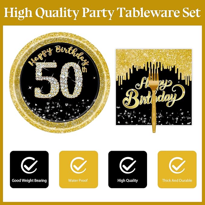 72 Pcs 50th Birthday Paper Plates and Napkins Party Supplies, Back Gold 50th Birthday Party Plates and Napkins Tableware Set for Men Women Cheers to 50 Years Decorations Serves 24