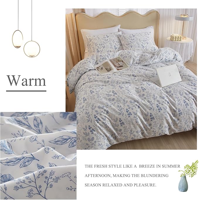 3 Pieces Duvet Cover Queen Size White Bedding Duvet Cover with Blue Floral Print,Soft Cotton Coquette Bedding Comforter Cover Boho Style,Aesthetic Queen Bedding Set with Zipper Closure 4 Ties