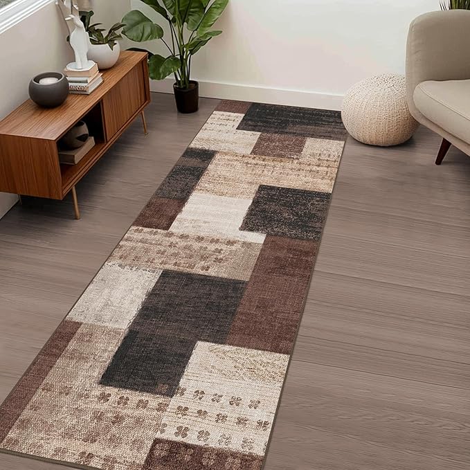 Modern Geometric Patchwork Indoor Runner Rug for Living Room, Chocolate 2'x 6' Rug Rockwood Collection Hardwood Floors Decor for Bedroom, Brown Throw Carpet for Office Entryway Dining Room