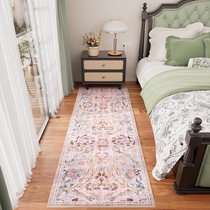 AMTOVO 2x6 Runner Rug for Hallway, Washable Non-Slip Long Kitchen Carpet, Floral Vintage Distressed Floor Mat for Hallways Entryway Living Room Laundry Room Bathroom Farmhouse, Pink
