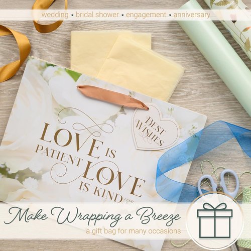 Christian Art Gifts Large Landscape Gift Bag Set - Inspirational Scripture & Floral Design, Love Is Kind Verse, Satin Ribbon Handles