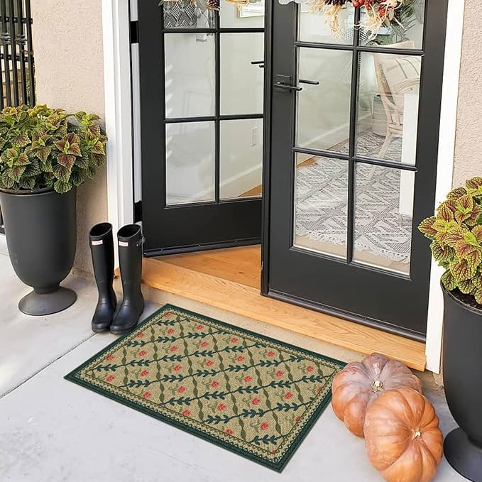 Front Door Mat Outside Entrance - 2x3 Non-Slip Washable Doormat Indoor Outdoor Entrance Jute-Look Floral Rug Welcome Mat Small Throw Rugs for Entryway Bedroom Kitchen Mudroom Front Porch Decor