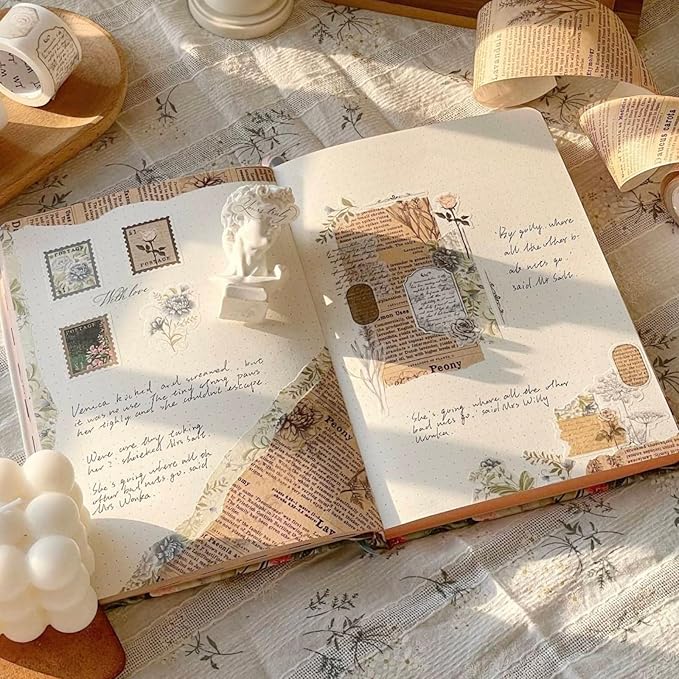 WT Petals & Parchment Washi Sticker Tape Set, 4 Rolls, Original Vintage Floral Designs, Decorative Masking Tape for DIY Crafts, Journaling, Scrapbooking, Planners, and Adhesive Paper Stickers