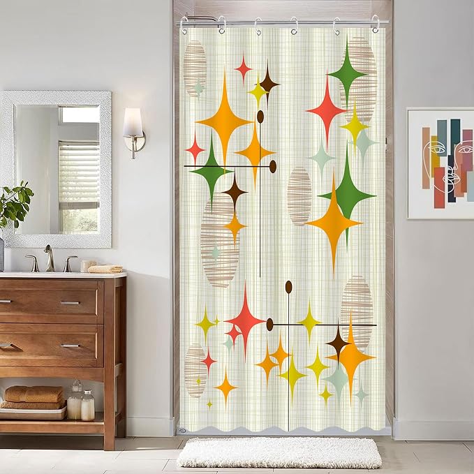 Stall Mid Century Modern Shower Curtain Set Retro Stars Shower Curtains for Bathroom Abstract Vintage Boho Art Waterproof Fabric Bath Curtain Decor (36'' x 72'')