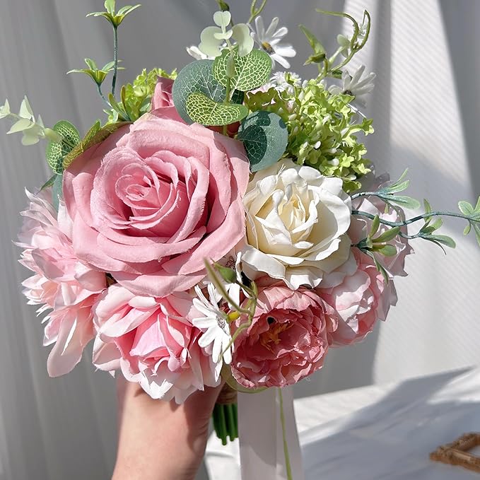 8.6in Blush Wedding Bouquets for Bride Bridesmaid, Pastel Pink White Green Bouquet Artificial Fake Silk Roses Flowers for Wedding Spring Garden Boho Rustic Decoration Toss Bouquet