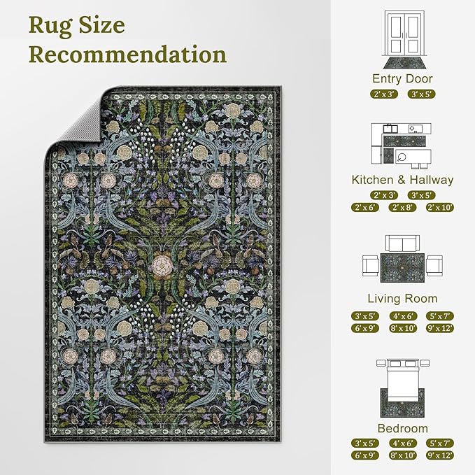 AMTOVO 6x9 Washable Area Rugs for Living Room, Non-Slip Large Soft Boho Floral Vintage Accent Print Carpet for Bedroom Classroom College Dorm Dining Room Farmhouse Nursery Home Office, Black