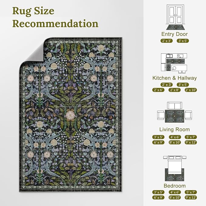 AMTOVO 8x10 Washable Area Rugs for Living Room, Non-Slip&Non-Shedding Large Soft Boho Floral Vintage Accent Print Carpet for Bedroom Dorm Dining Room Farmhouse Nursery Playroom Home Office, Black