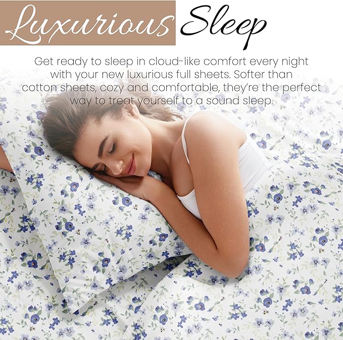 Linen Market Patterned Microfiber Full Sheet Set 4 Piece – Oeko-TEX Certified Ultra Soft & Wrinkle-Free - 16" Deep Pocket Sheets - Easy Care Full Size - Blossoms Light Blue