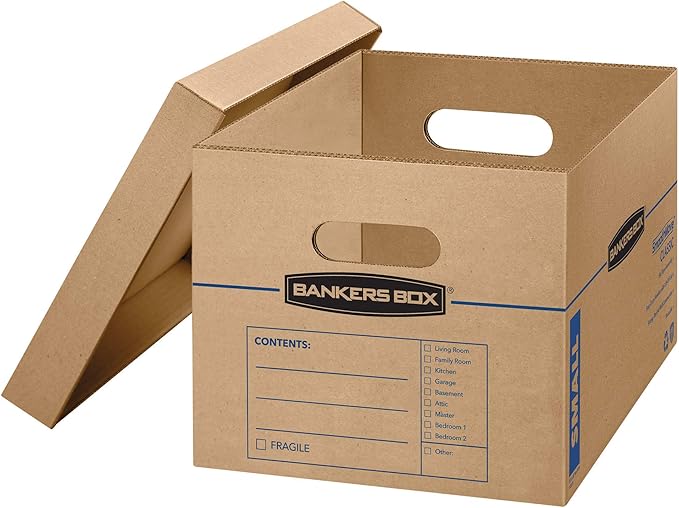 Bankers Box Small Classic Moving Box 5 Pack, Reinforced Handles, Tape-Free Assembly, Box with Lid, 15-in x 12-in x 10-in (7714902)