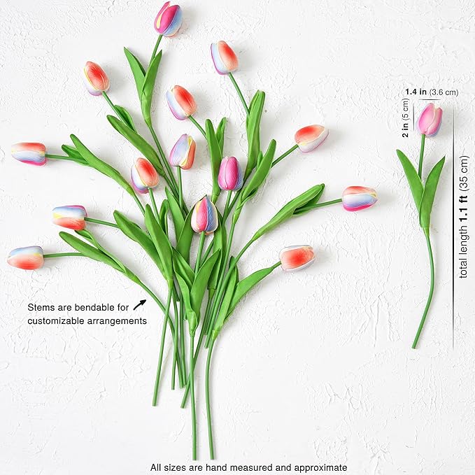 FiveSeasonStuff Real Touch Pastel Rainbow Gradient Tulips – 15 Stems Artificial Flowers with Multicolor Petals for Bouquets, Centerpieces, Home Decor, Spring & All-Season Arrangements