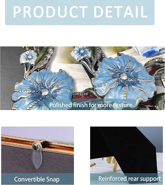 Vintage Floral Picture Frames Luxury Unique Ornate Antique Metal Photo Frame of HD Glass for Tabletop/Wall Display Gifts for Women (Blue Flowers, 4X6)