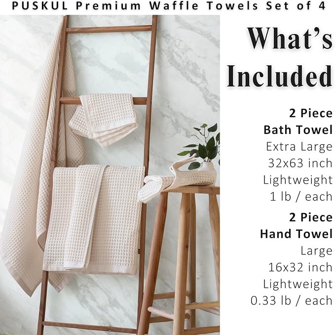 PÜSKÜL Organic Raw-Undyed Waffle Towels for Bathroom Set 4-Piece | Natural 100% Turkish Cotton Luxury 2 Hand Towel & 2 Bath Towel | Absorbent Quick Dry Lightweight Bath Towels Oeko-Tex Made in Turkey